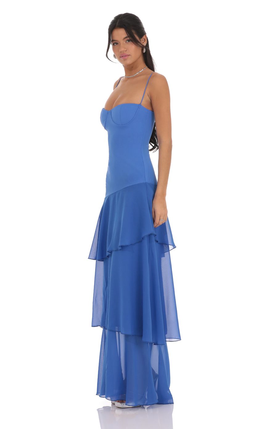 Lucy In The Sky Long Ruffle Maxi Dress in Blue