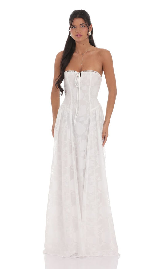 Lucy In The Sky Floral Lace-Up Maxi Dress in White