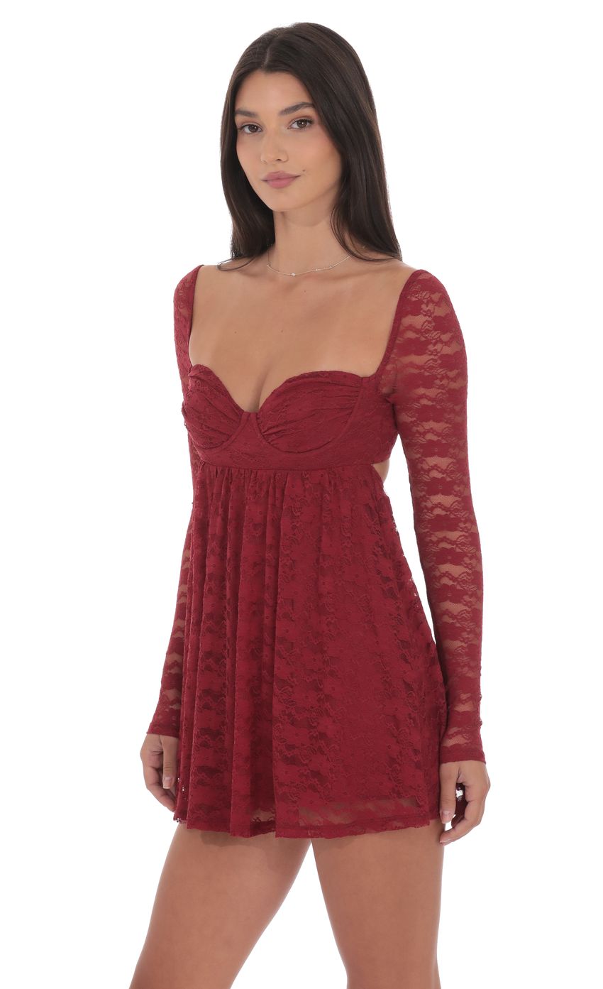 Lucy In The Sky Lace Long Sleeve Babydoll Dress in Maroon