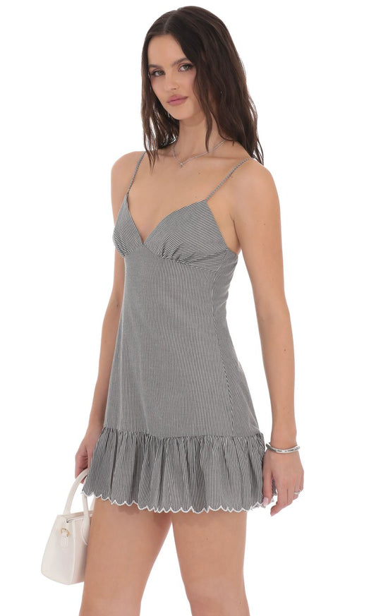 Lucy In The Sky Pinstripe Scallop Ruffle Dress in Grey