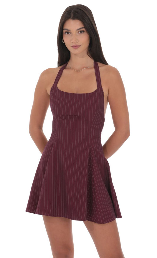 Lucy In The Sky Pinstripe Halter Fit and Flare Dress in Burgundy