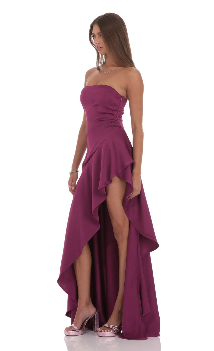 Lucy In The Sky Satin High Low Maxi Dress in Plum