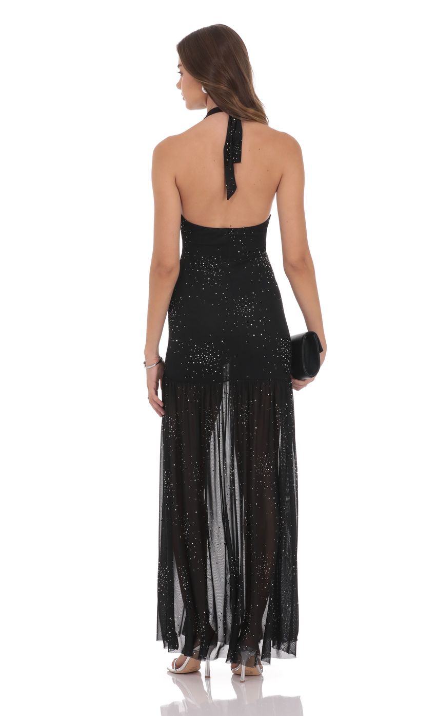 Lucy In The Sky Rhinestone Plunge Cowl Neck Maxi Dress in Black