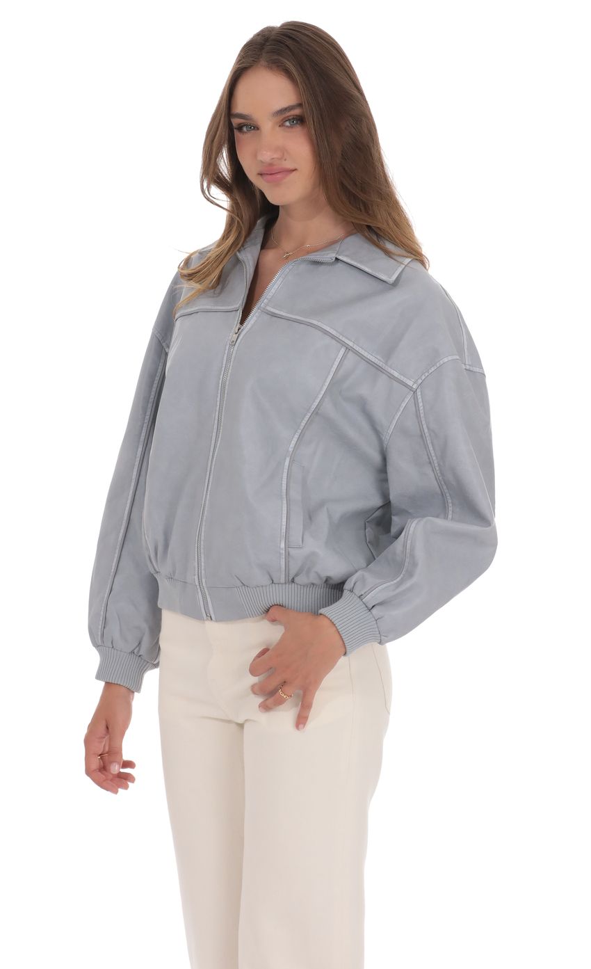 Lucy In The Sky Faux Leather Bomber in Ash Blue