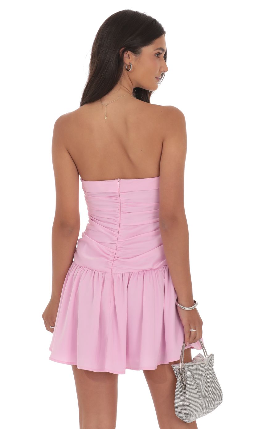 Lucy In The Sky Matte Satin Strapless Ruched Flare Dress in Pink
