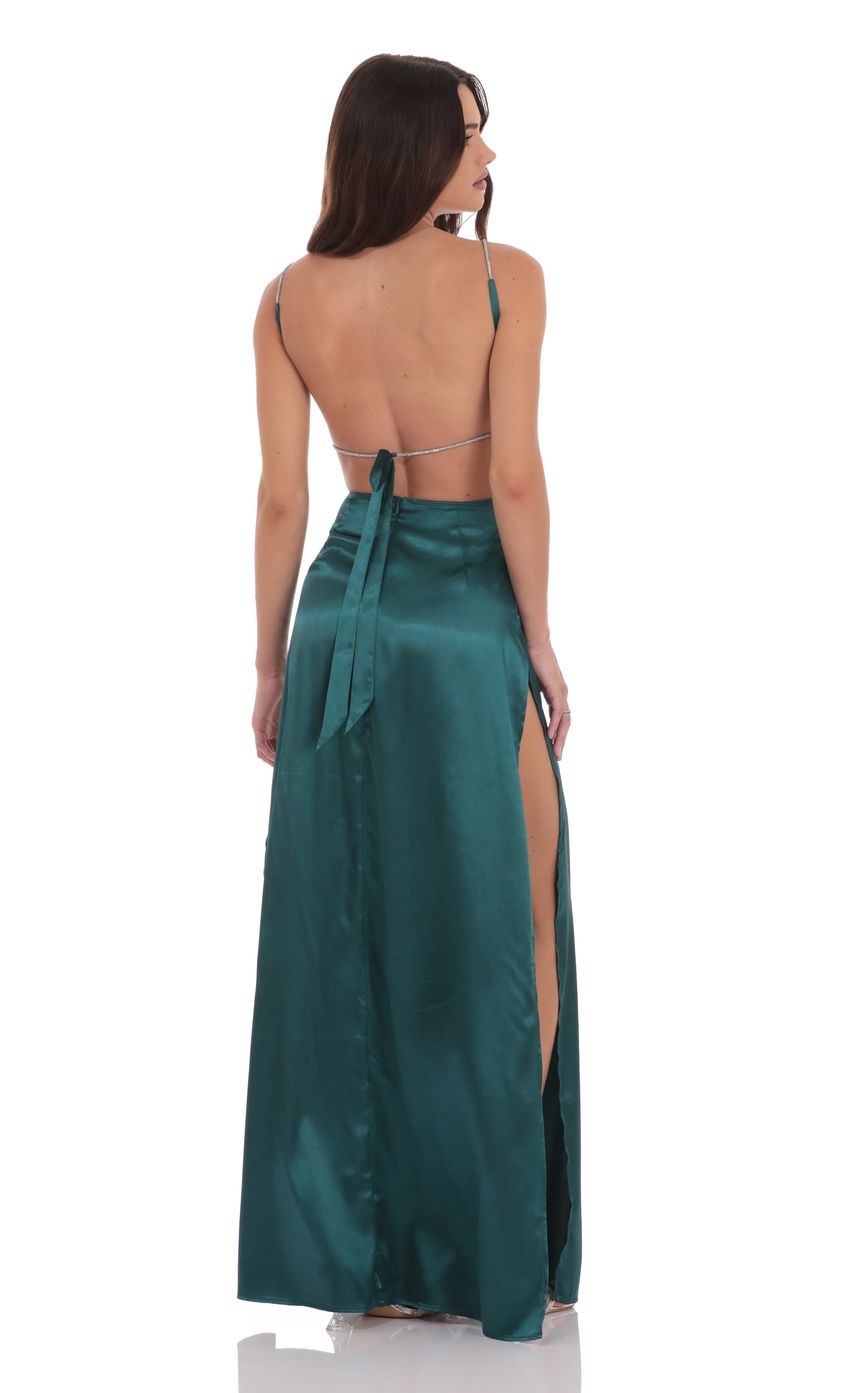 Lucy In The Sky Rhinestone Satin Maxi Dress in Green