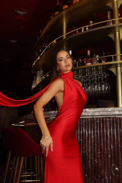 Alamour The Label Miley One Shoulder Scarf Jersey Red Gown