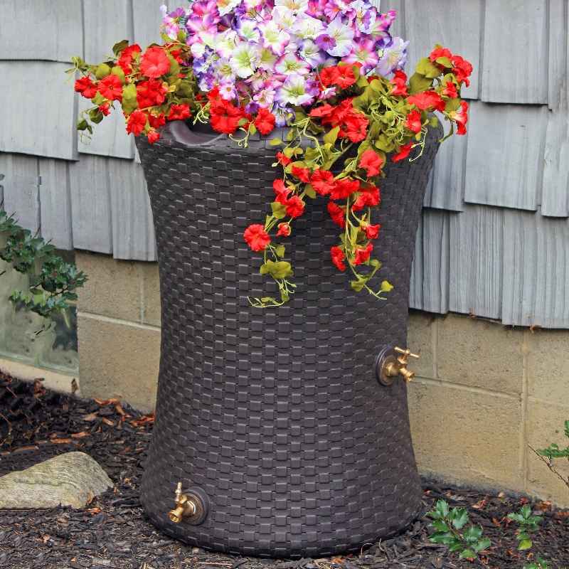 Wind and Weather Wicker-Look Rain Barrel Planter
