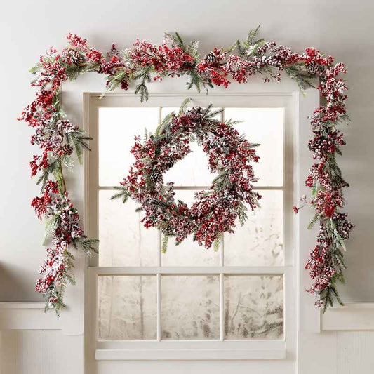 Wind and Weather Frosted Berries and Pine Boughs Holiday Garland, 71"L