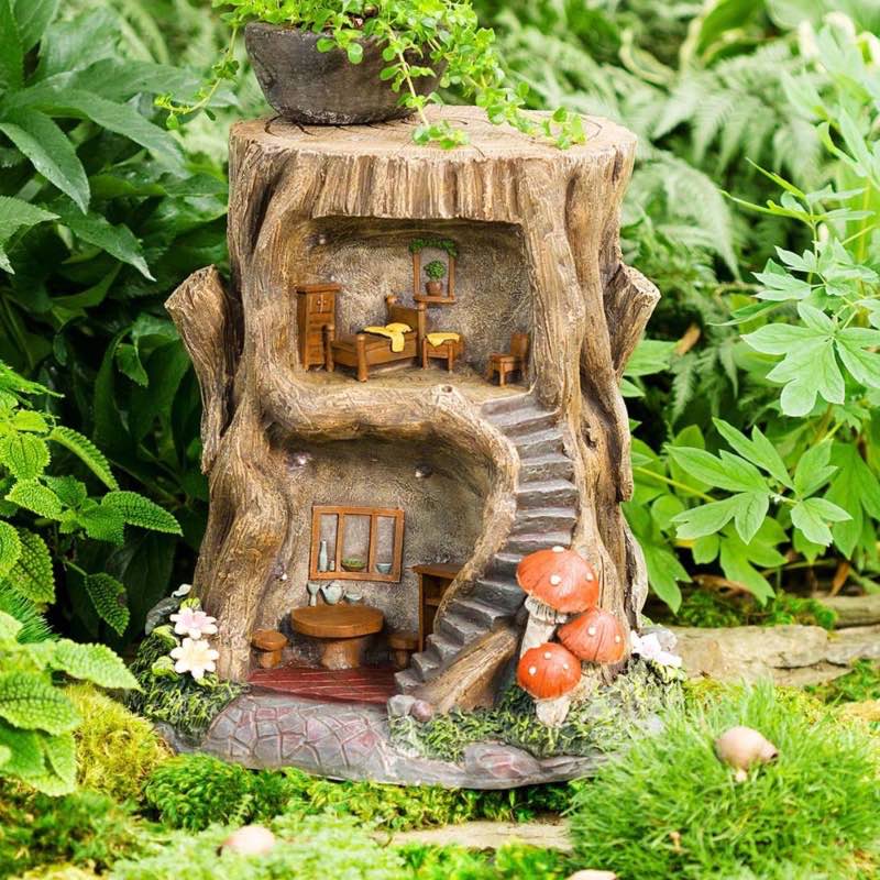 Wind and Weather Elegant Two-Story Fully-Furnished Solar Lighted Fairy House in a Stump