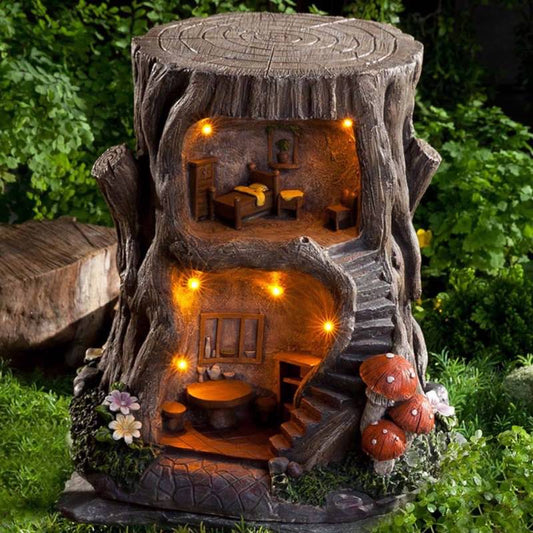 Wind and Weather Elegant Two-Story Fully-Furnished Solar Lighted Fairy House in a Stump