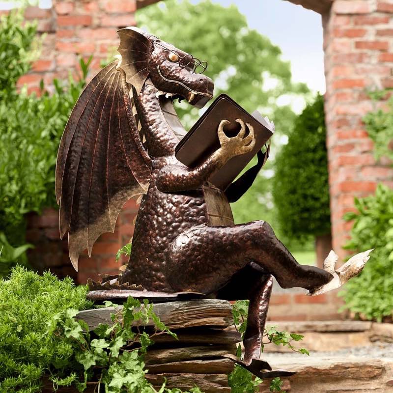 Wind and Weather Metal Reading Dragon Sculpture