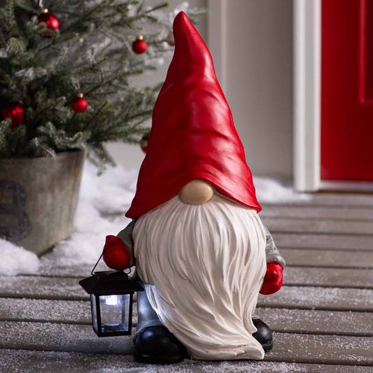 Wind and Weather Welcome Home Gnome Sculpture with Solar-Powered Lantern