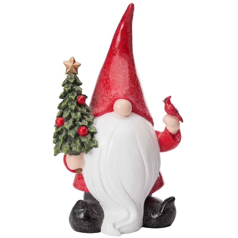 Wind and Weather White-Bearded Gnome in Red Santa Suit with Christmas Tree and Cardinal