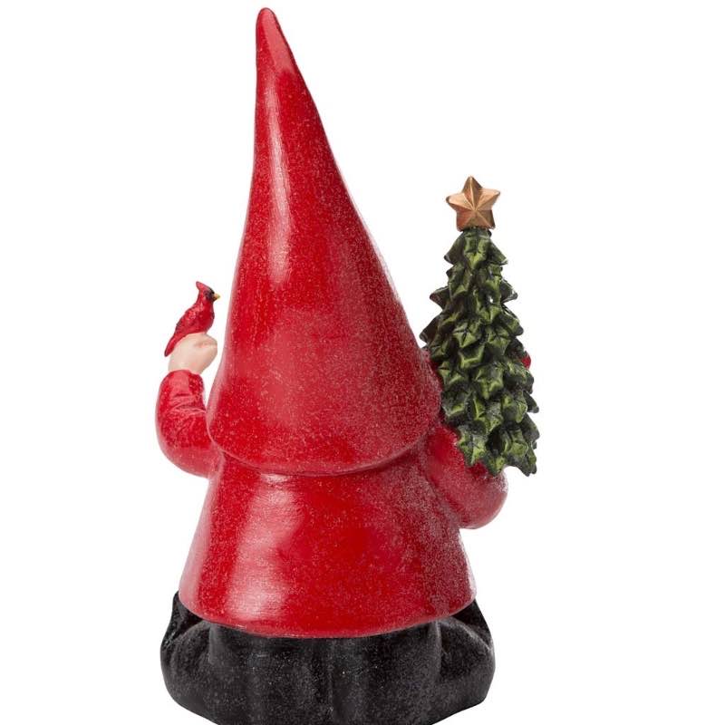 Wind and Weather White-Bearded Gnome in Red Santa Suit with Christmas Tree and Cardinal