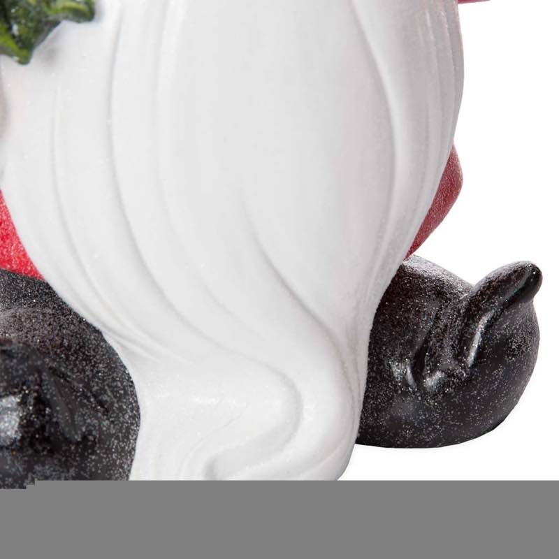 Wind and Weather White-Bearded Gnome in Red Santa Suit with Christmas Tree and Cardinal