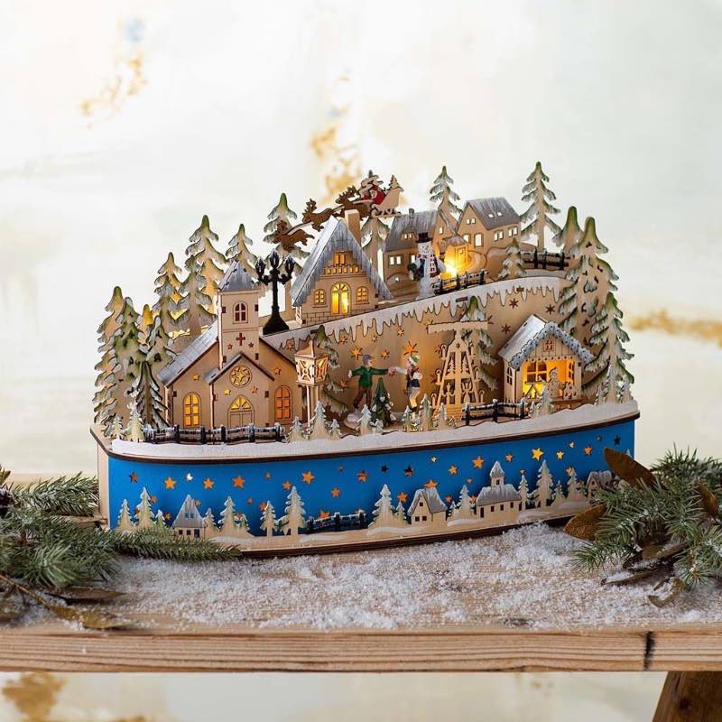 Wind and Weather Christmas Snow Town Lighted Holiday Tabletop Music Box
