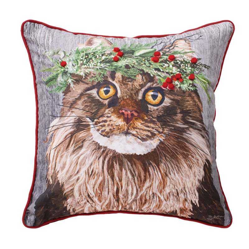 Wind and Weather Cat Flower Crown Pillow, 18" sq.
