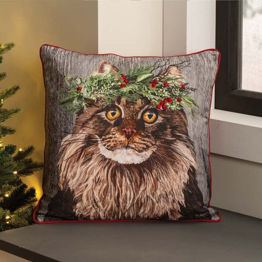 Wind and Weather Cat Flower Crown Pillow, 18" sq.
