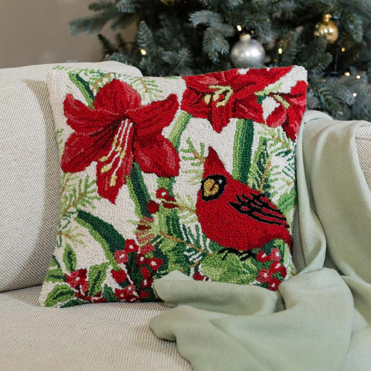 Wind and Weather Hooked Wool Cardinal and Amaryllis Accent Pillow, 16" sq.
