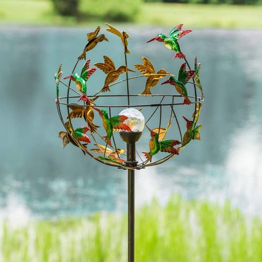 Wind and Weather Metal Hummingbird Wind Spinner with Color-Changing Solar Orb
