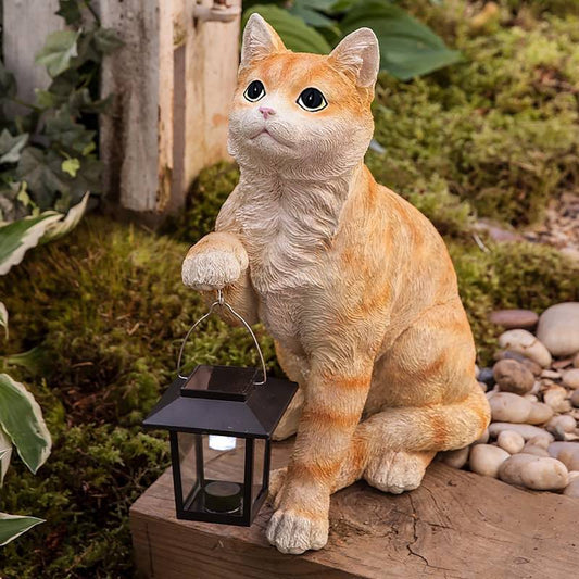 Wind and Weather Realistic Resin Cat Sculpture with Solar-Powered Lantern