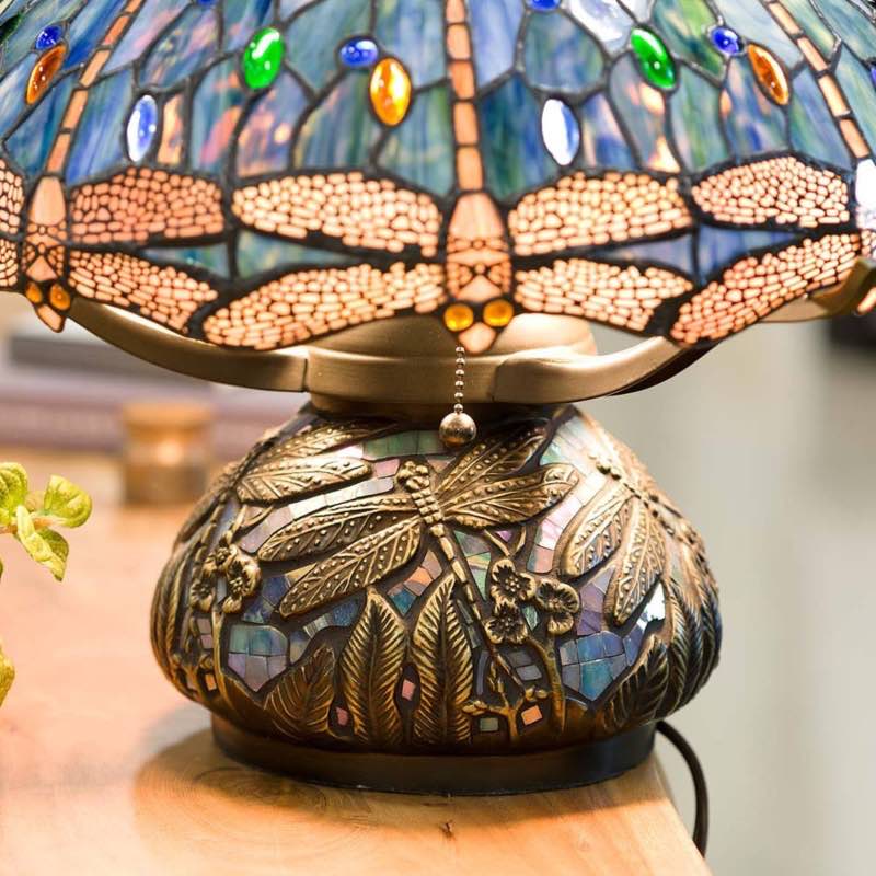 Wind and Weather Tiffany-Style Stained Glass Table Lamp with Dragonfly Motif and Metal Base