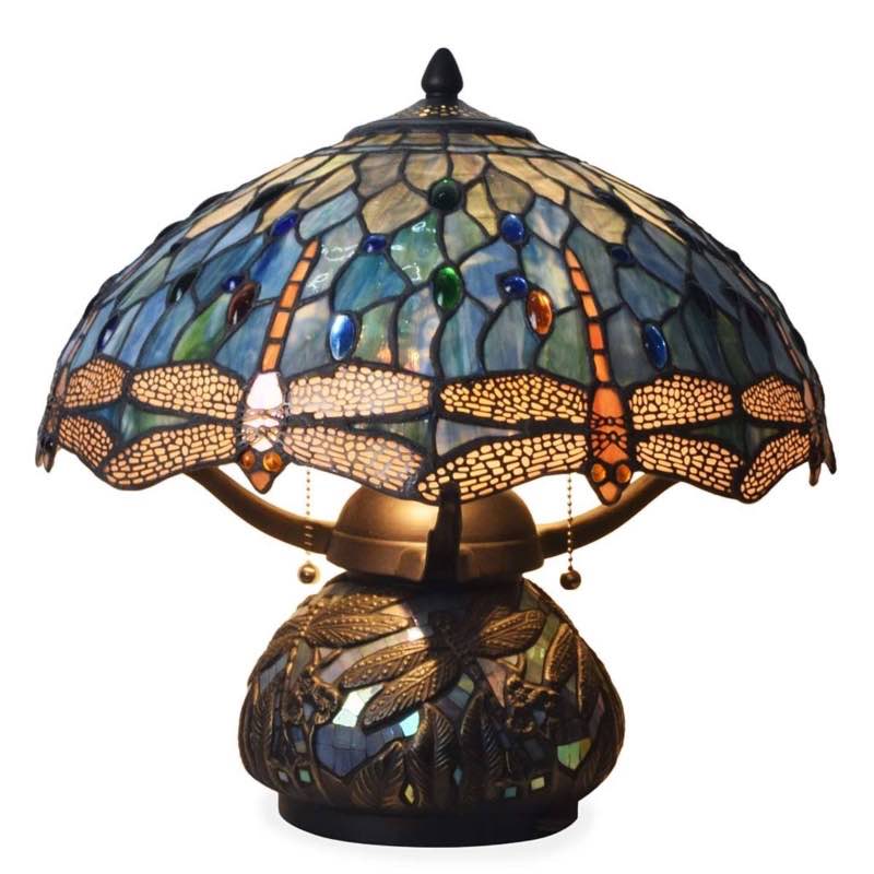 Wind and Weather Tiffany-Style Stained Glass Table Lamp with Dragonfly Motif and Metal Base