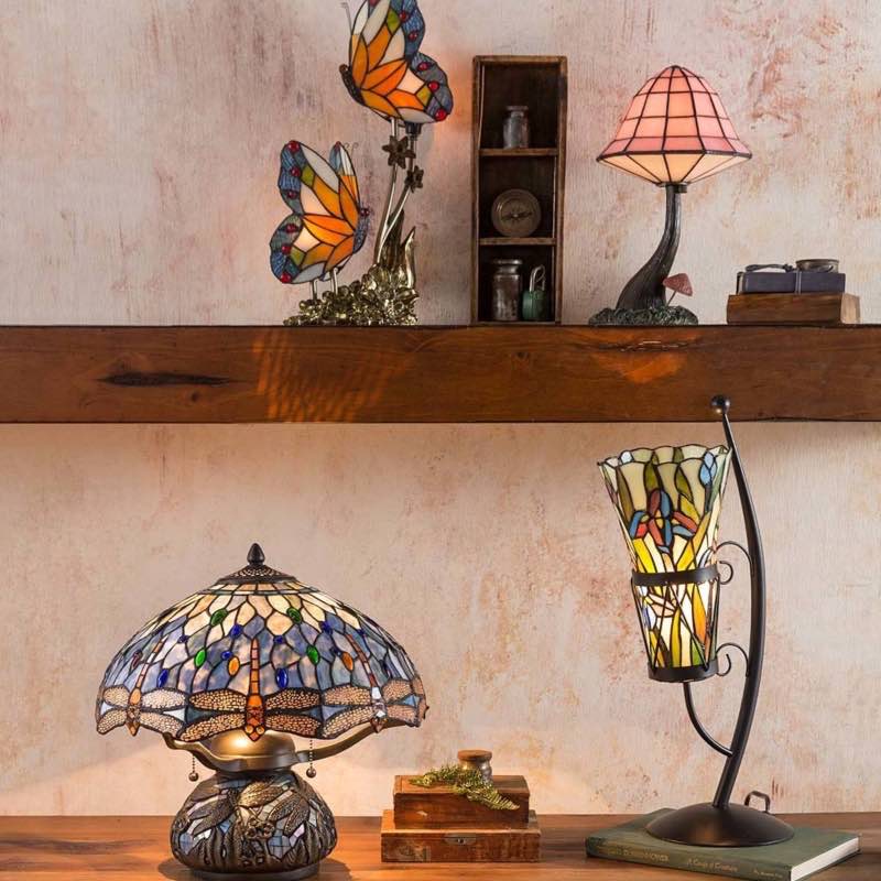 Wind and Weather Tiffany-Style Stained Glass Table Lamp with Dragonfly Motif and Metal Base