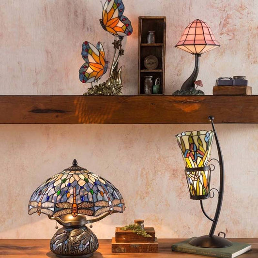 Wind and Weather Tiffany-Style Stained Glass Table Lamp with Dragonfly Motif and Metal Base