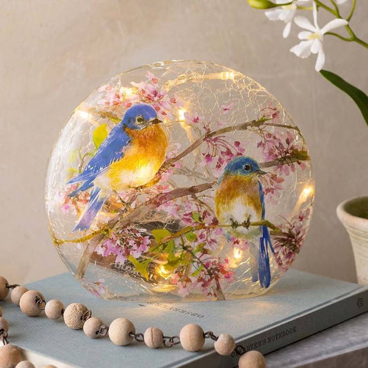 Wind and Weather Lighted Bluebirds on Redbud Branches Crackled Glass Tabletop Art
