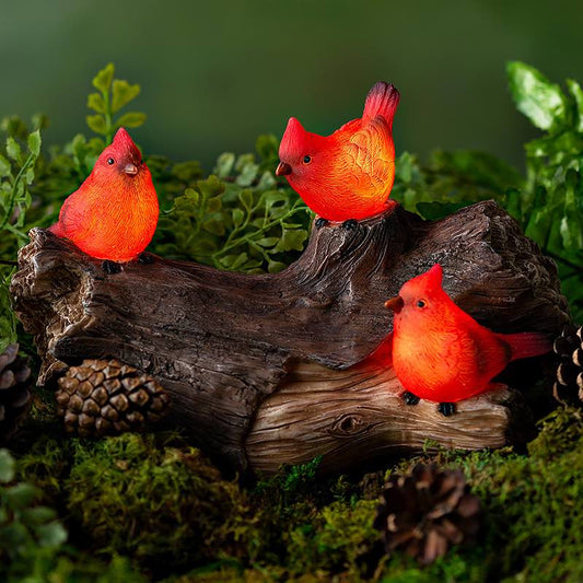 Wind and Weather Solar-Lighted Three Cardinals on a Log Outdoor Sculpture