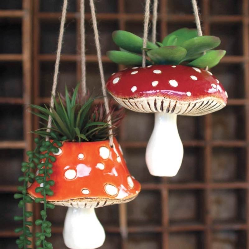 Wind and Weather Ceramic Toadstool Hanging Planters, Set of 2