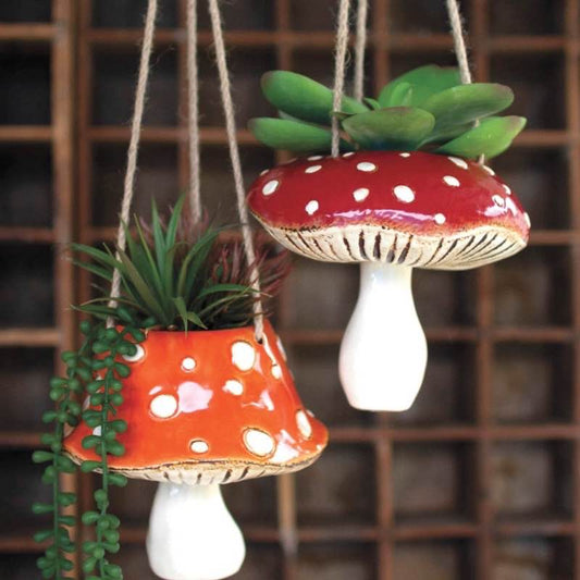 Wind and Weather Ceramic Toadstool Hanging Planters, Set of 2