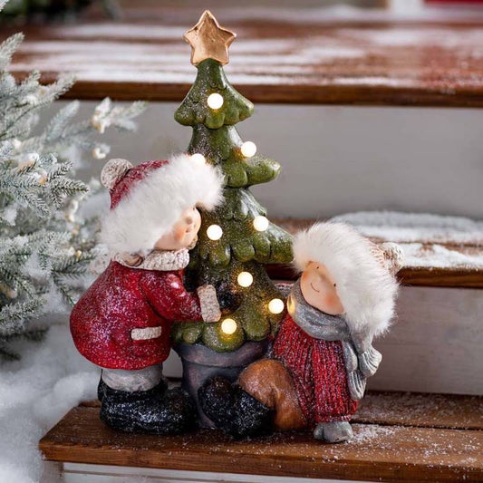 Wind and Weather Indoor/Outdoor Children with Lighted Christmas Tree Sculpture