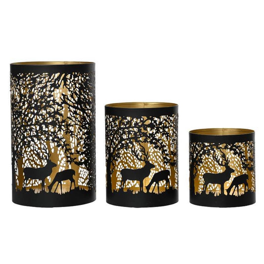 Wind and Weather Laser Cut Metal Hurricane Lanterns with Woodland Scene, set of 3