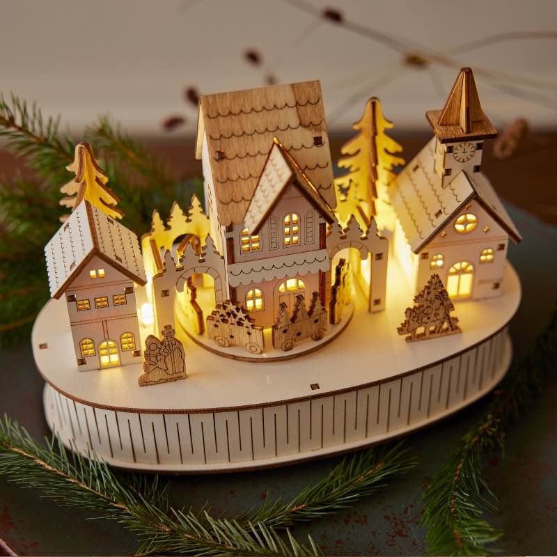 Wind and Weather Wooden LED Musical Moving Christmas Village