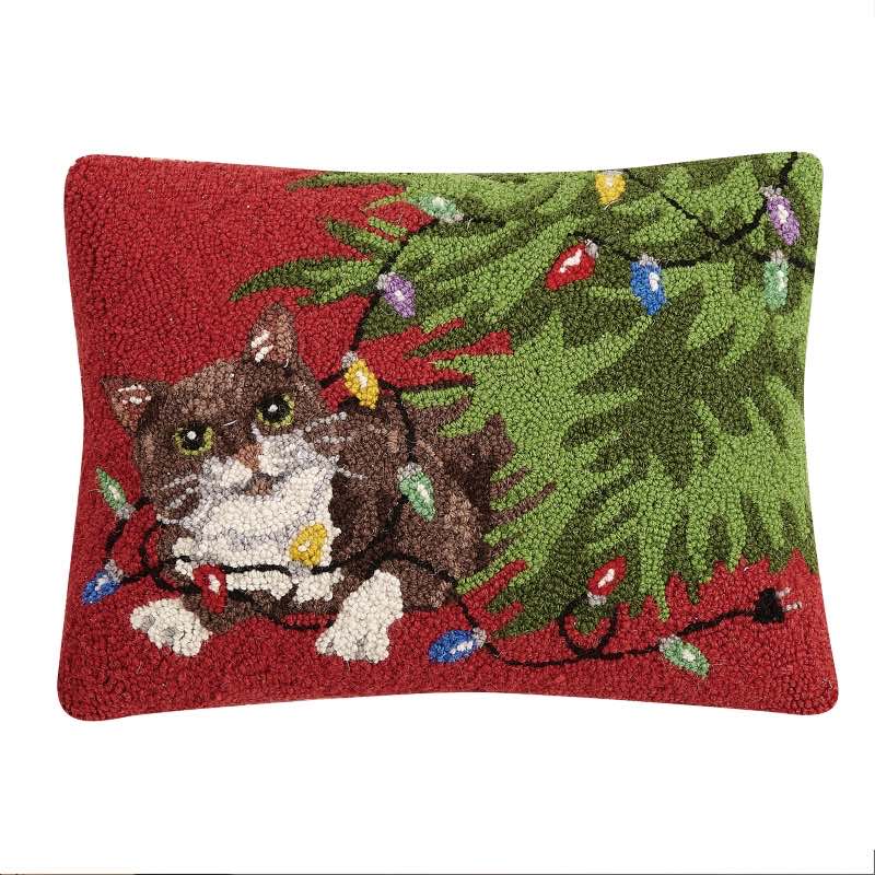 Wind and Weather Christmas Tree Cat Hooked Pillow