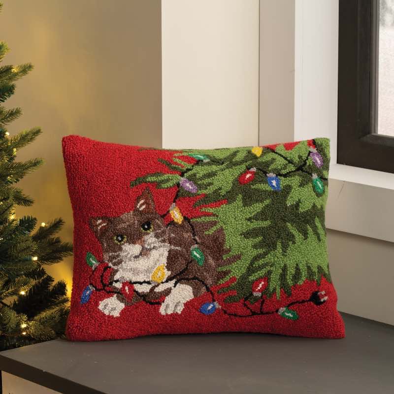 Wind and Weather Christmas Tree Cat Hooked Pillow