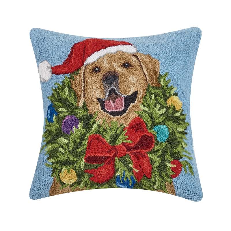 Wind and Weather Golden Lab Santa Hooked Wool Pillow, 18" sq.