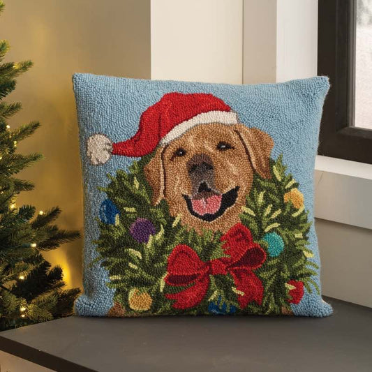 Wind and Weather Golden Lab Santa Hooked Wool Pillow, 18" sq.