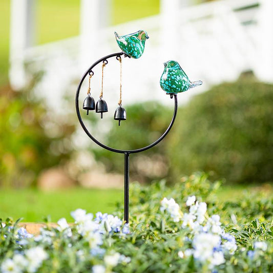 Wind and Weather Metal Garden Stake with Two Blown-Glass Birds and Three Bells