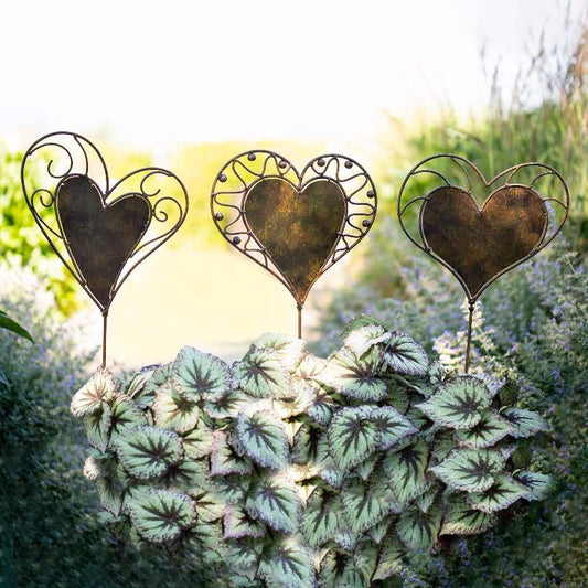 Wind and Weather Elegant Heart Stakes Handcrafted from New and Reclaimed Metal, Set of 3