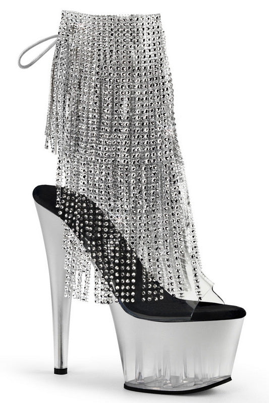 Clear & Silver 7" Stiletto Heel Open Toe Rhinestone Fringe Ankle Boots