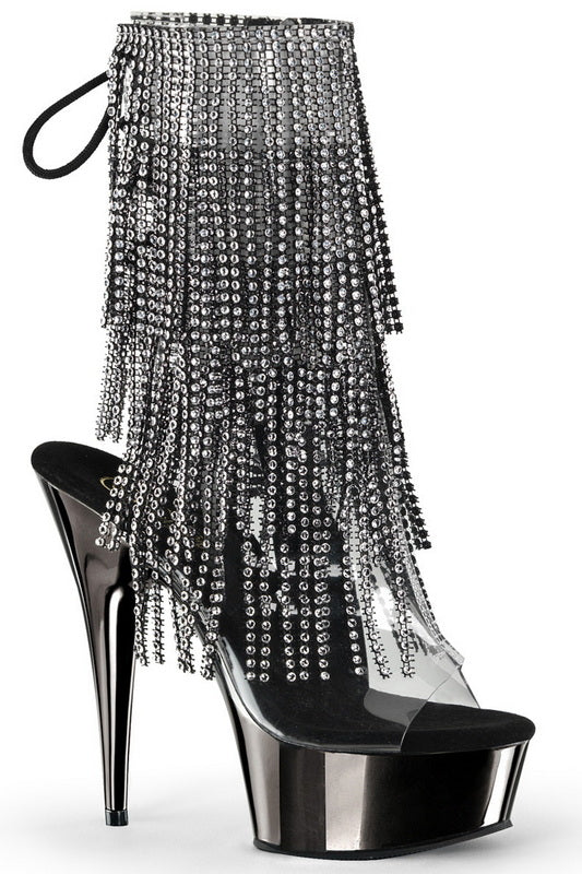 6" Dark Pewter Chrome Rhinestone Fringe Ankle Boots - Dark Pewter Chrome