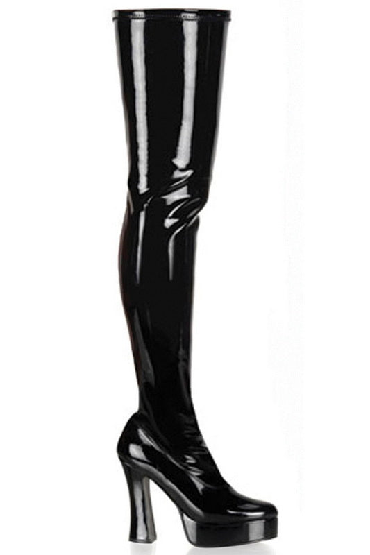 Black Patent 5" Stack Heel Thigh High Boot