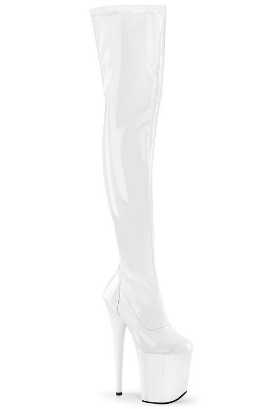 White Stretch Pat 8" Thigh High Platform Boot