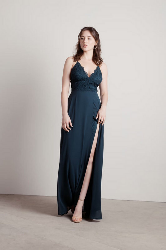 Tobi Unforgettable Lace High Slit Maxi Dress - Emerald