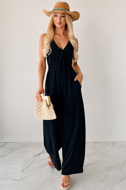 NanaMacs Nature's Glow Linen Smocked Waist Jumpsuit (Black)