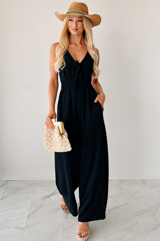 NanaMacs Nature's Glow Linen Smocked Waist Jumpsuit (Black)